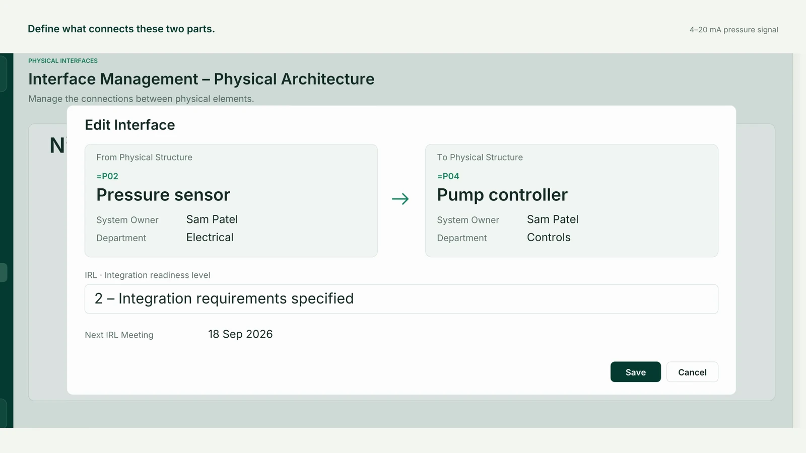Physical interface between a pressure sensor and pump controller in EiS